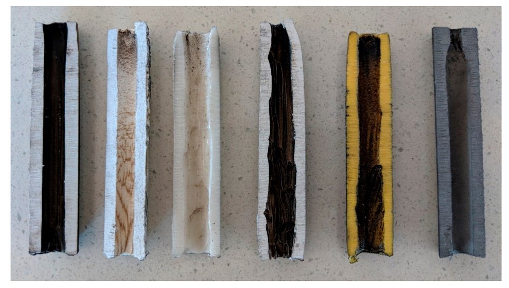 每个不同的小规模燃料颗粒的横截面，从左到右：ABS，PLA，PP，ASA，PTEG和AL