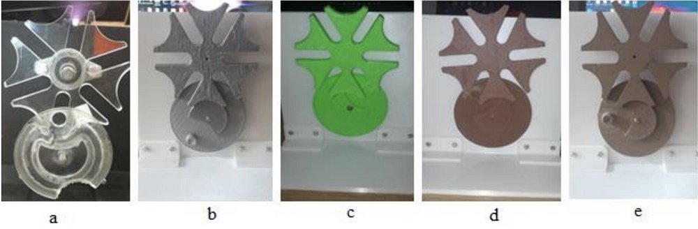 图片显示了使用不同材料的日内瓦系统：a）PMMA b）PLA c）ABS d）PLA +铜e）PLA +青铜